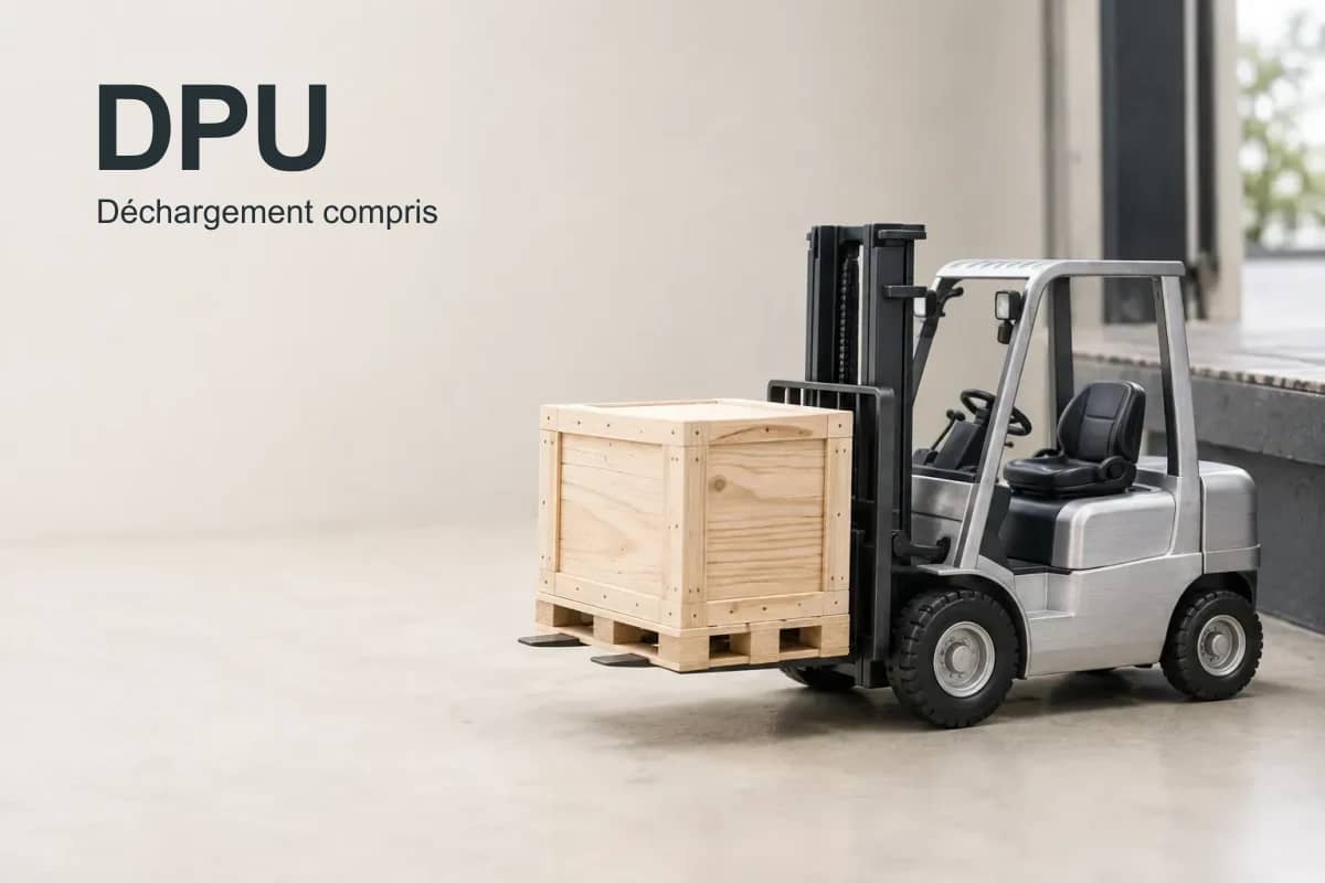 DPU, déchargement compris : maquette de chariot élévateur portant une caisse.