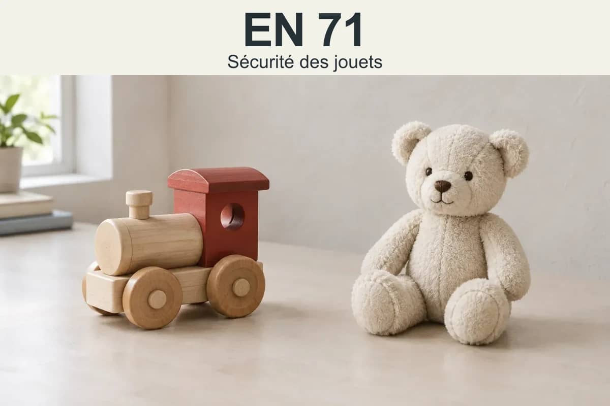 EN 71 — Sécurité des jouets. Illustration d’un train en bois et d’un ours en peluche.