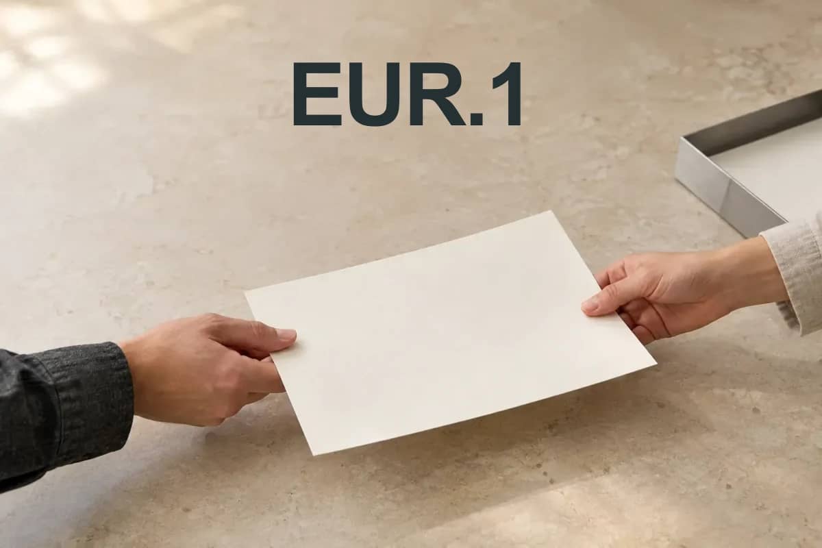 EUR.1 : deux mains se transmettent une feuille, illustration du rôle du document.
