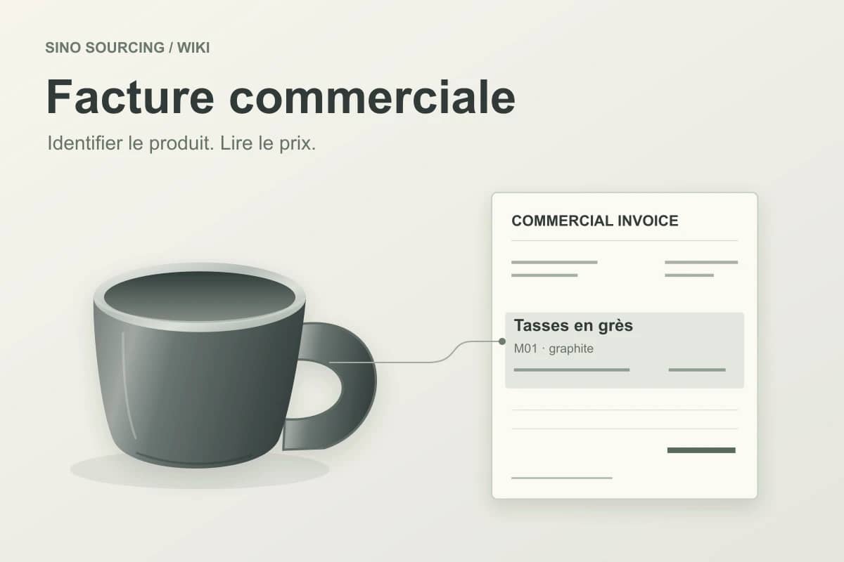 Facture commerciale : une tasse reliée à sa description sur une facture illustrée.