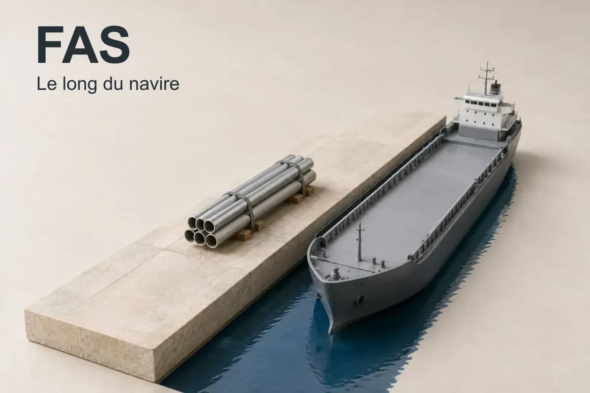 FAS, le long du navire : maquette de tubes posés sur le quai à côté d’un cargo.