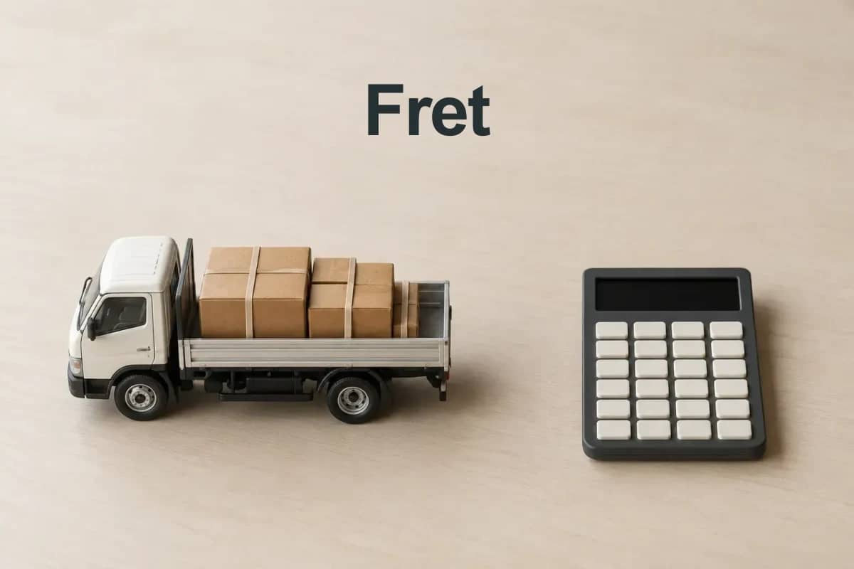 Fret : un camion miniature chargé et une calculatrice distinguent la marchandise du prix de son transport.