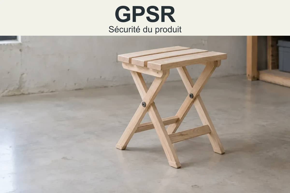 GPSR — Sécurité du produit. Illustration d’un tabouret pliant en bois clair.