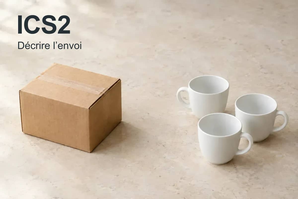 ICS2, décrire l’envoi : un carton fermé et des tasses en porcelaine.