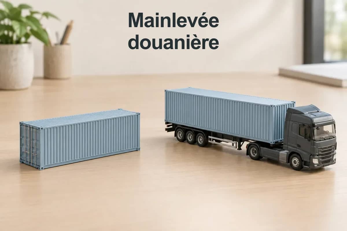 Mainlevée douanière : un conteneur au sol et un autre pris en charge par un camion.