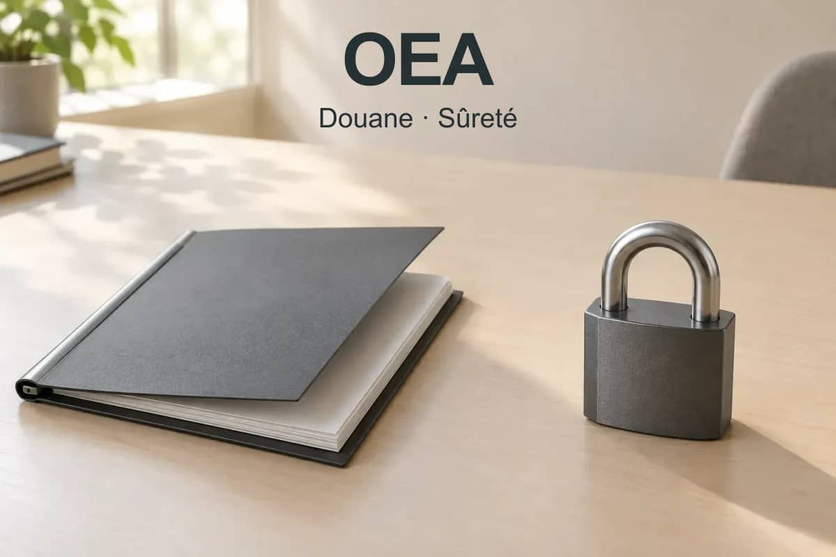 OEA : douane et sûreté, illustrées par un porte-documents et un cadenas.