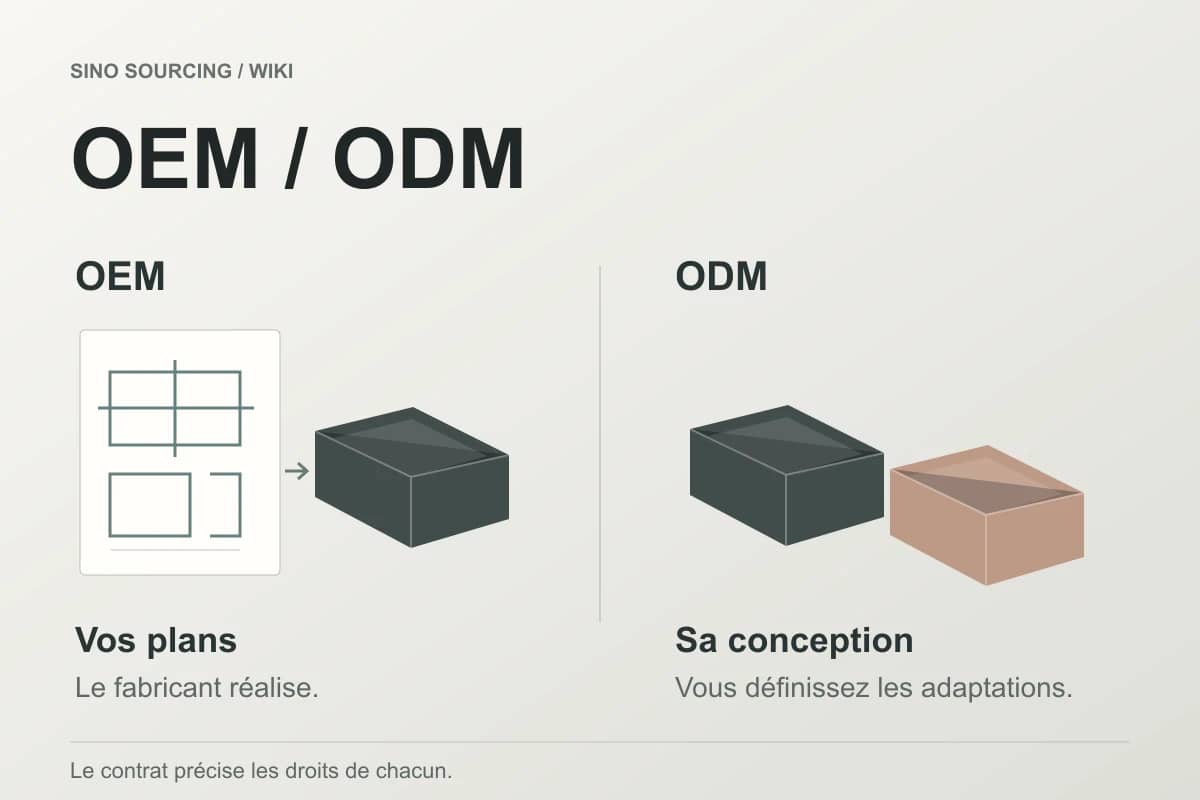 OEM : partir de vos plans. ODM : partir de la conception du fabricant. Deux points de départ pour fabriquer sous votre marque.