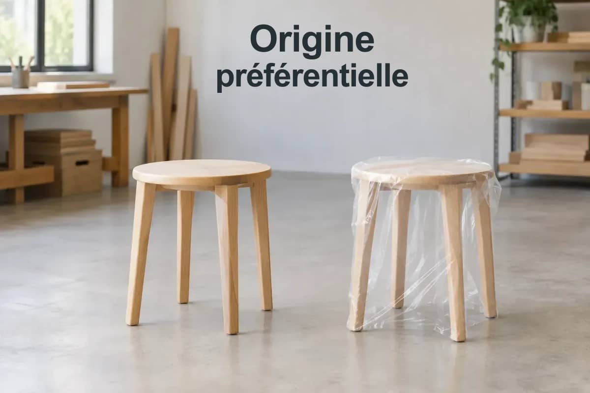 Origine préférentielle : deux tabourets identiques, avant et après emballage.