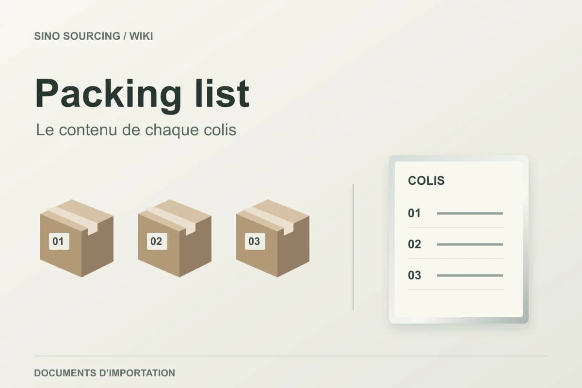 Packing list : trois cartons numérotés associés aux lignes d’un document.