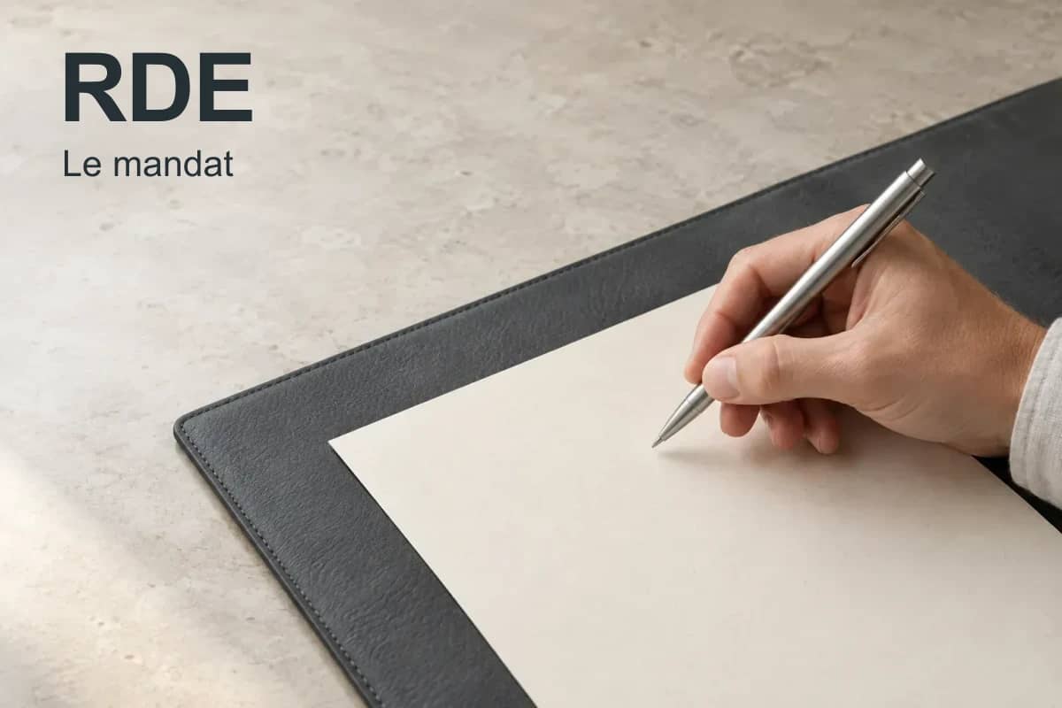 RDE, le mandat : un stylo tenu au-dessus d’une feuille vierge avant signature.