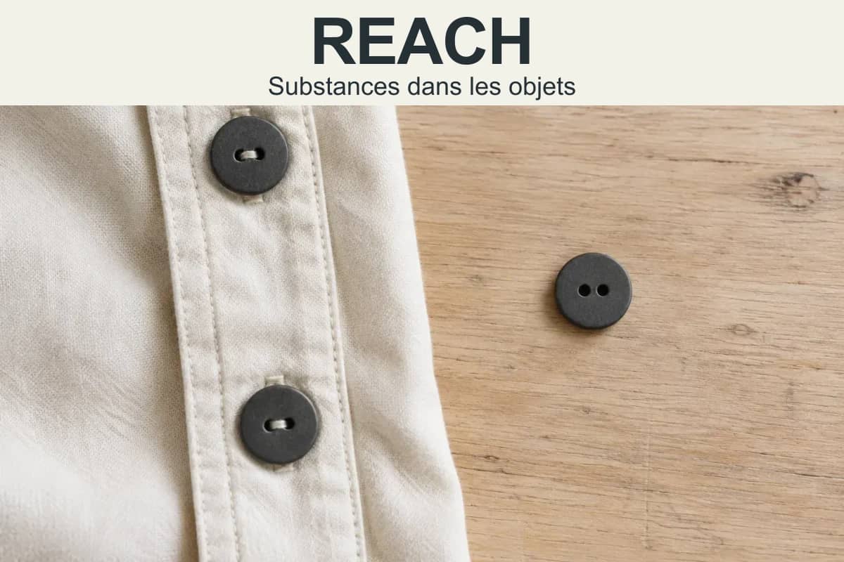 REACH — Substances dans les objets : un vêtement boutonné et un bouton séparé. Illustration.