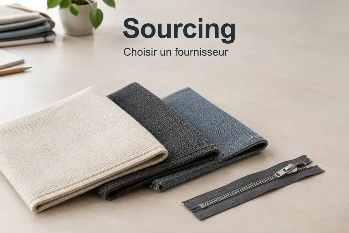 Sourcing, choisir un fournisseur : illustration d’échantillons textiles et d’une fermeture.