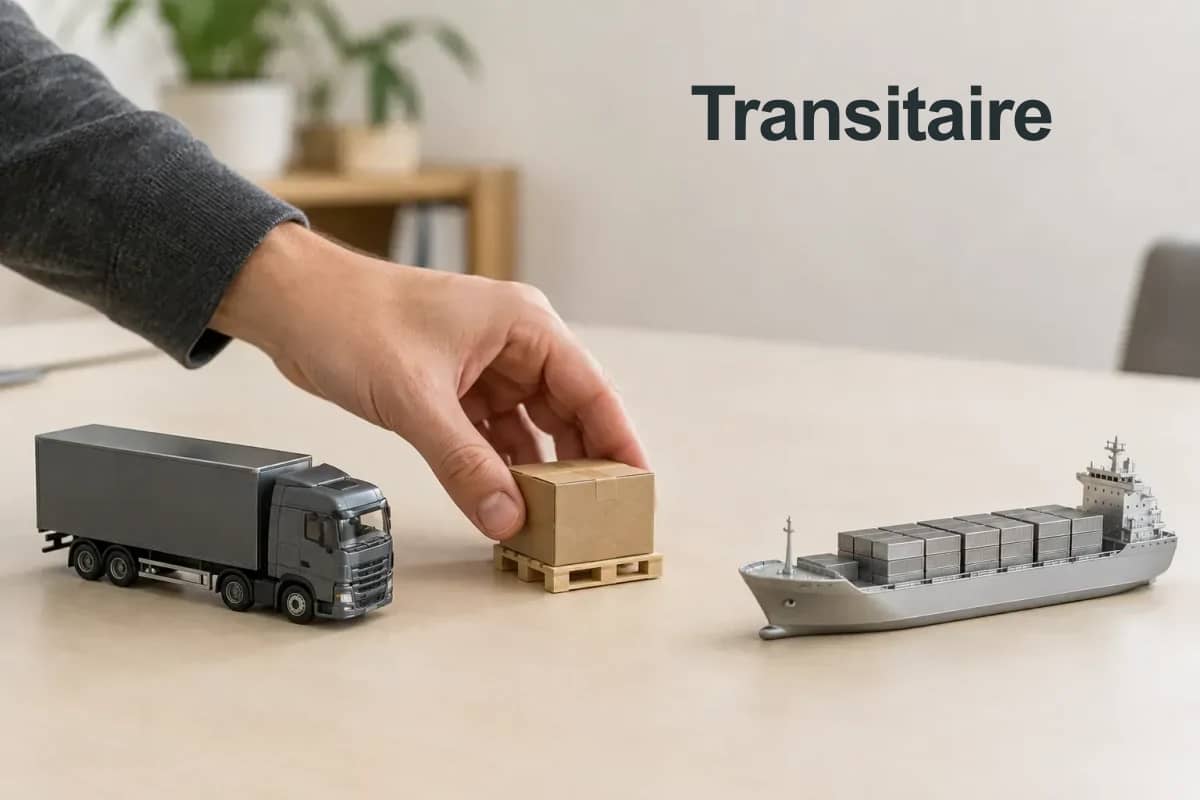Transitaire : une main coordonne une palette entre un camion et un navire miniatures.