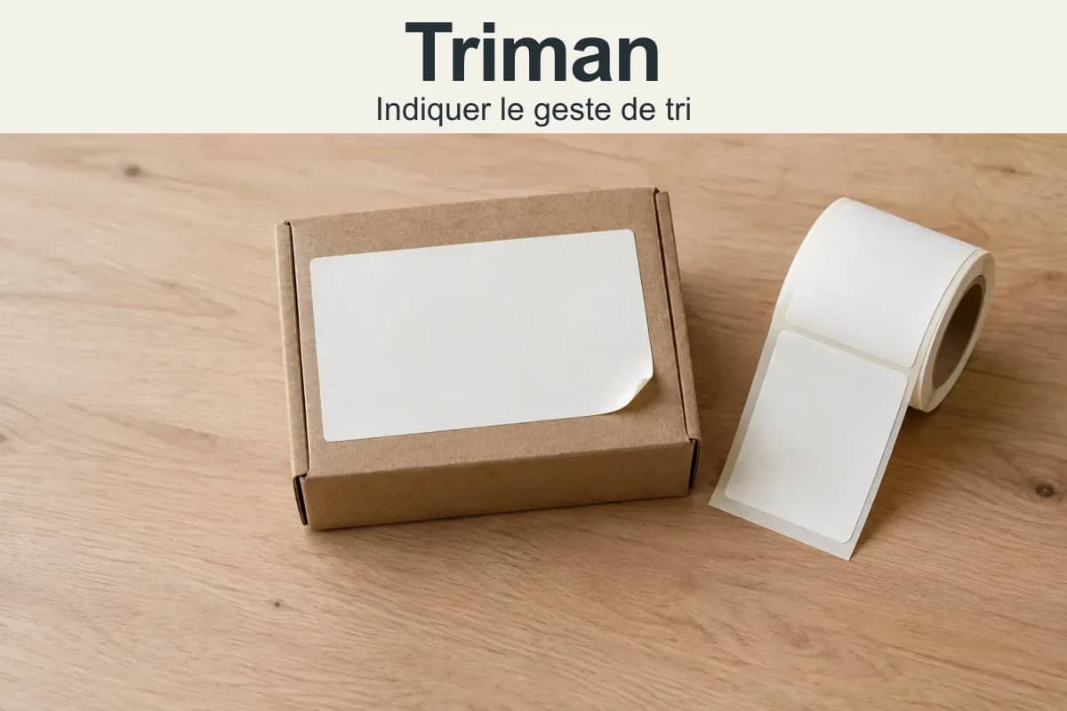 Triman — Indiquer le geste de tri. Illustration d’un emballage en carton avec une étiquette vierge.
