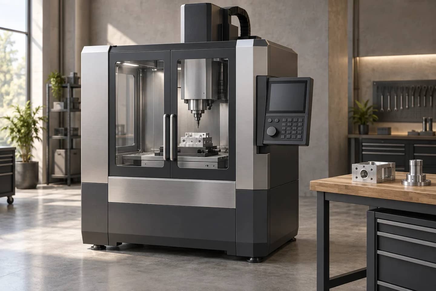 Machine d’usinage dans un atelier avec des pièces au premier plan. Illustration.
