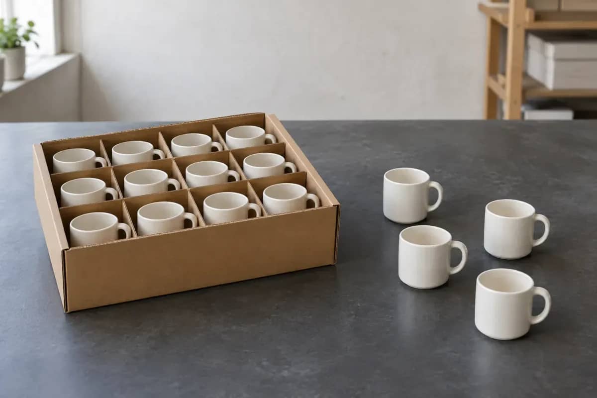 Illustration : à gauche, un carton compartimenté contient des mugs identiques ; à droite, quelques mugs sont disposés séparément.