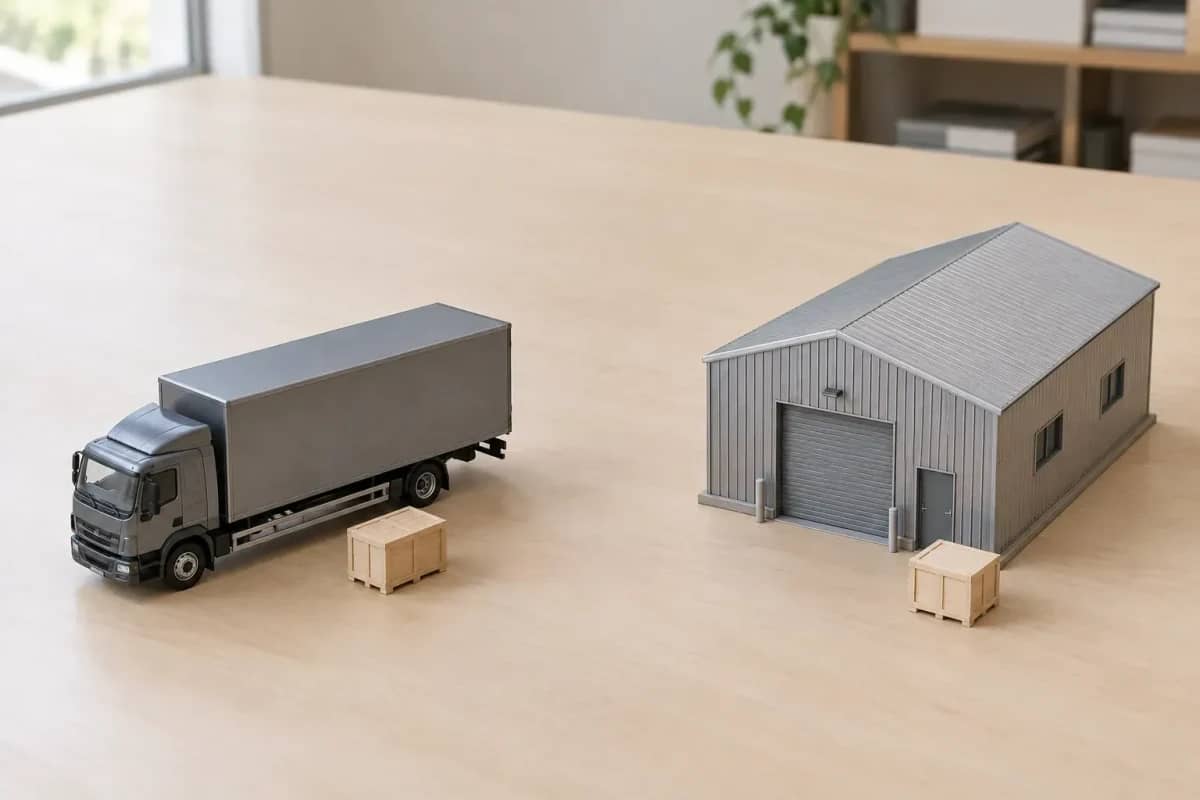 Deux maquettes séparées : un camion fermé et une caisse à gauche ; un entrepôt de réception avec une caisse à droite.