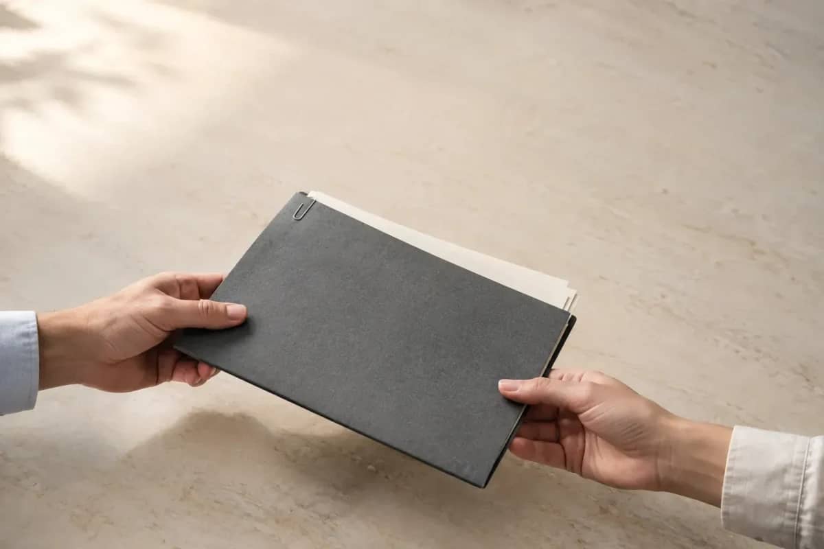 Illustration conceptuelle : deux mains se transmettent un dossier graphite avec des feuilles vierges.