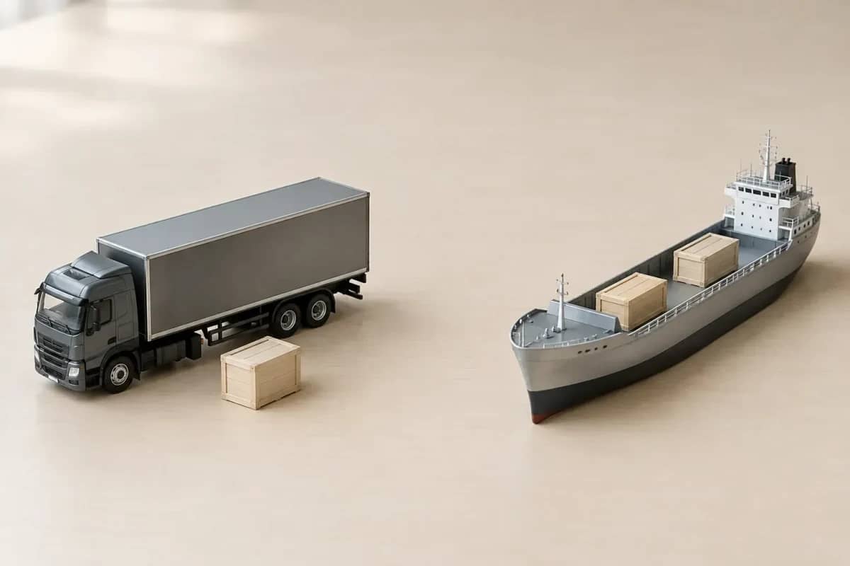 Maquettes séparées : camion avec une caisse à gauche, cargo portant deux caisses à droite.
