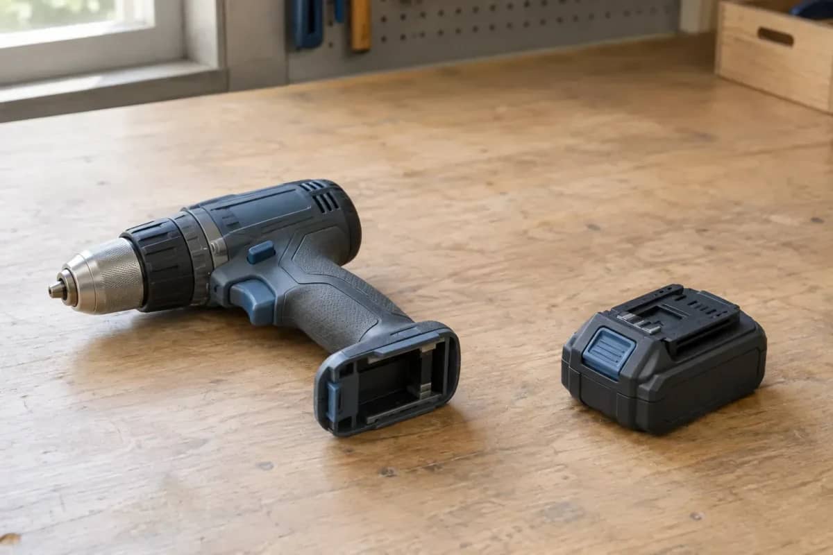 Une perceuse sans fil sans batterie attachée, à gauche, et sa batterie détachable, à droite.