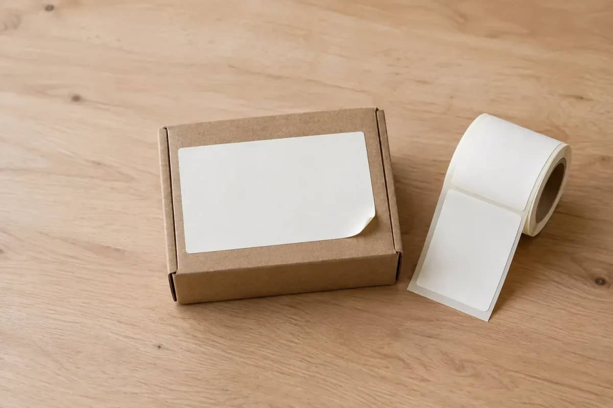 Une étiquette adhésive vierge est posée sur une boîte en carton ; son coin légèrement relevé montre le support papier. Un rouleau d’étiquettes se trouve à côté.