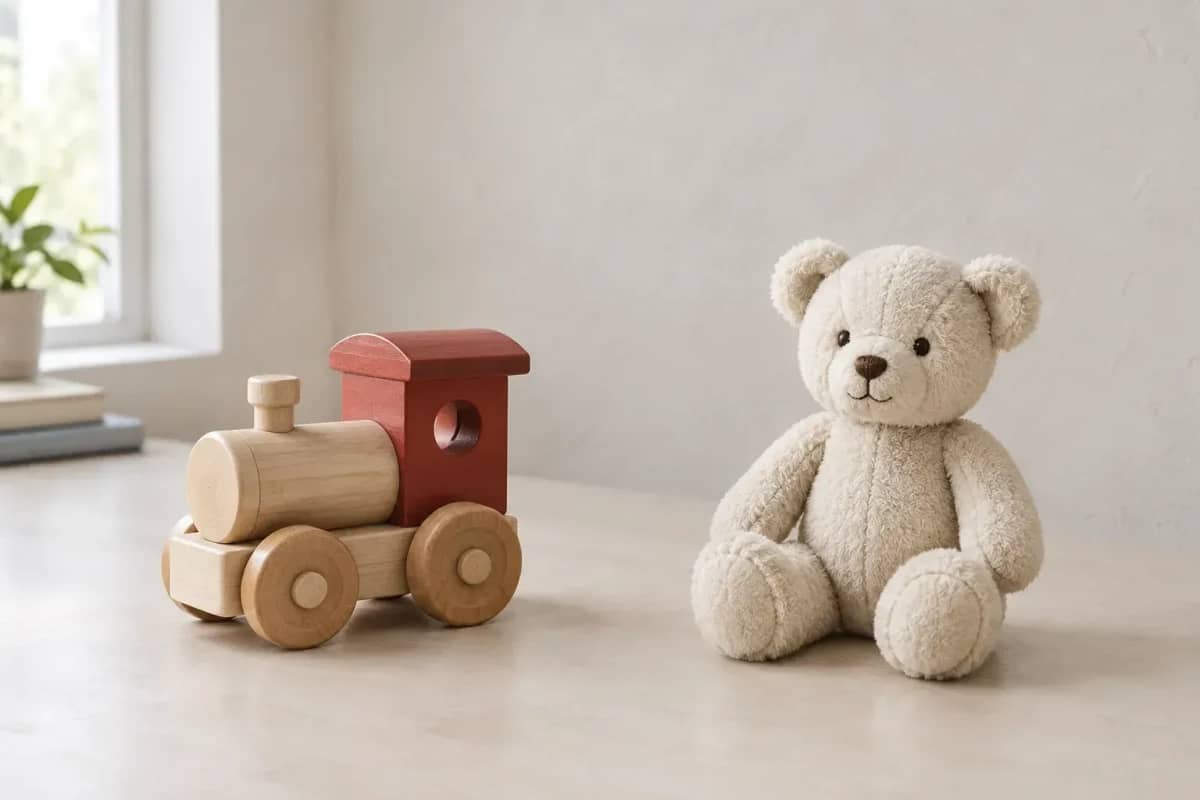 Illustration : à gauche, un petit train en bois à cabine rouge ; à droite, un ours en peluche crème.