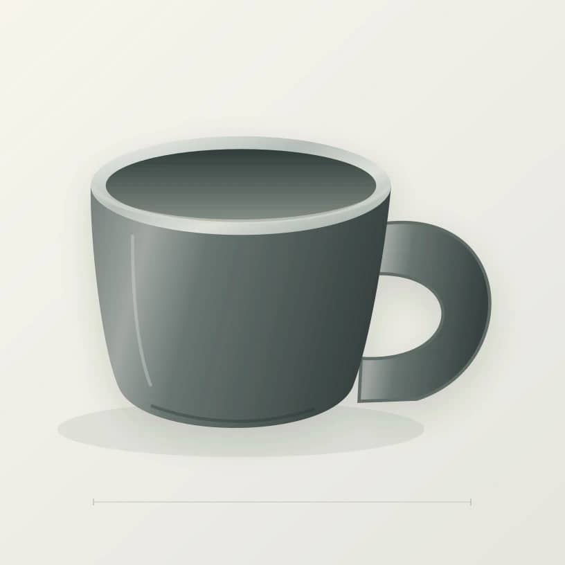 Dessin d’une tasse à anse en grès graphite, vue de trois quarts, avec son épaisseur visible au bord.