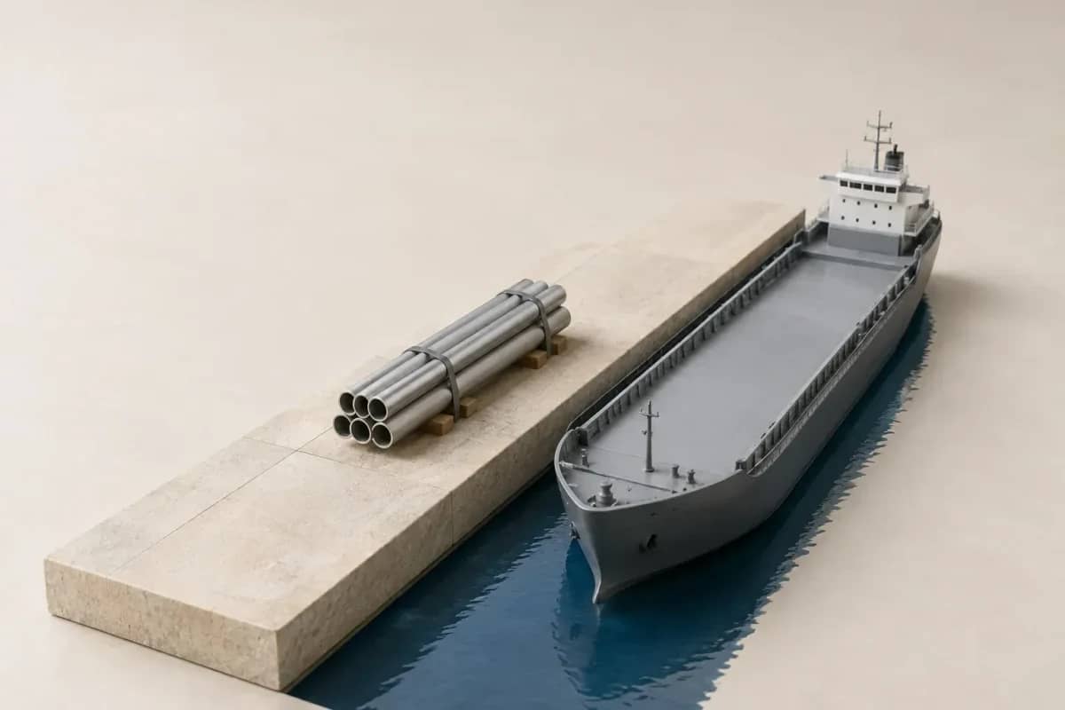 Maquette : un faisceau de tubes repose entièrement sur le quai, à côté d’un navire au pont vide.