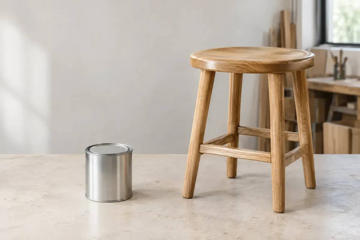 Un pot métallique de vernis fermé à gauche ; un tabouret en bois fini à droite.