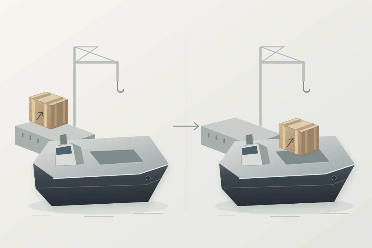 À gauche, une caisse en bois attend sur le quai à côté d’un navire. À droite, la même caisse repose sur le pont du navire.