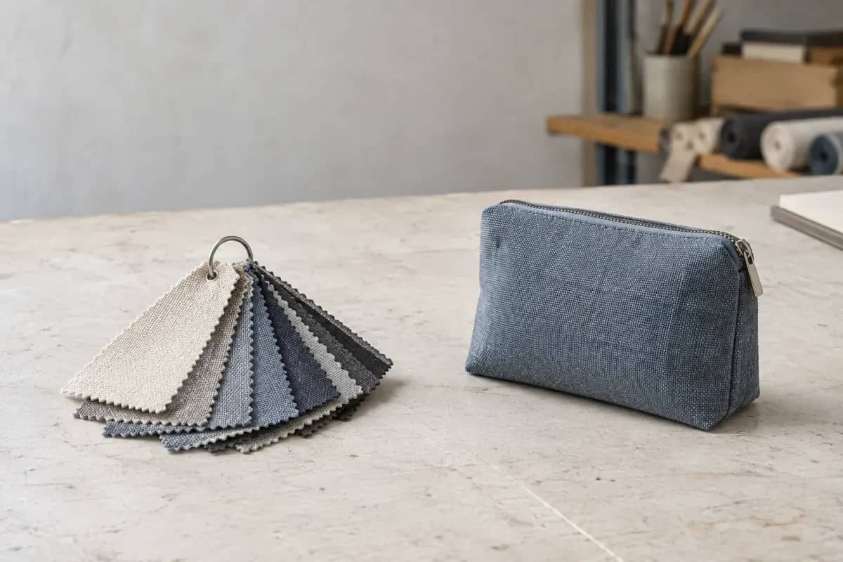 À gauche, un nuancier de petits morceaux de tissu ; à droite, une pochette zippée entière.
