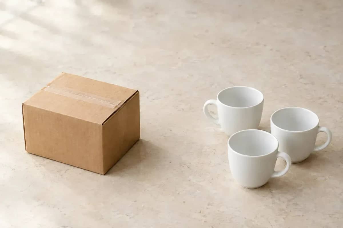 Un carton kraft fermé à gauche ; trois tasses en porcelaine blanche, avec leurs anses, à droite.
