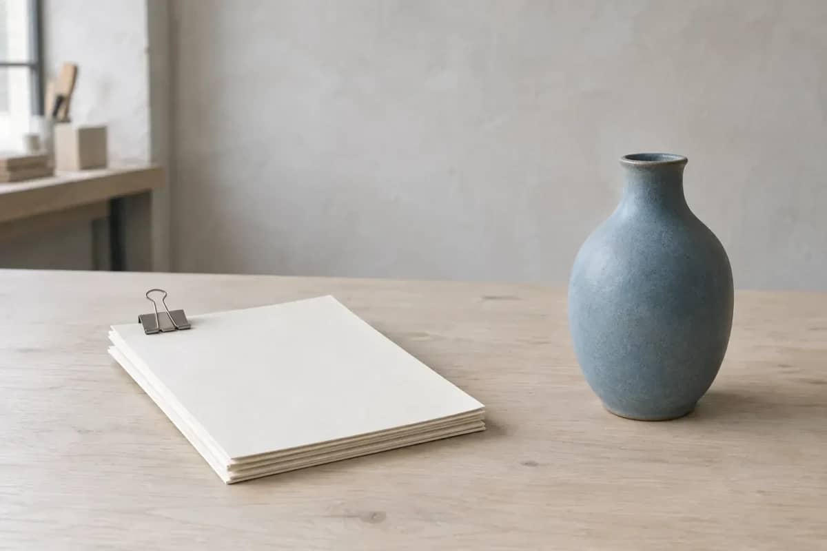 Des feuilles vierges attachées par une pince à gauche ; un vase en céramique bleu grisé à droite.