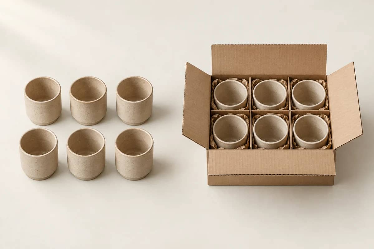 À gauche, six tasses sable sans emballage. À droite, six tasses identiques dans un carton ouvert avec séparateurs et papier de protection.
