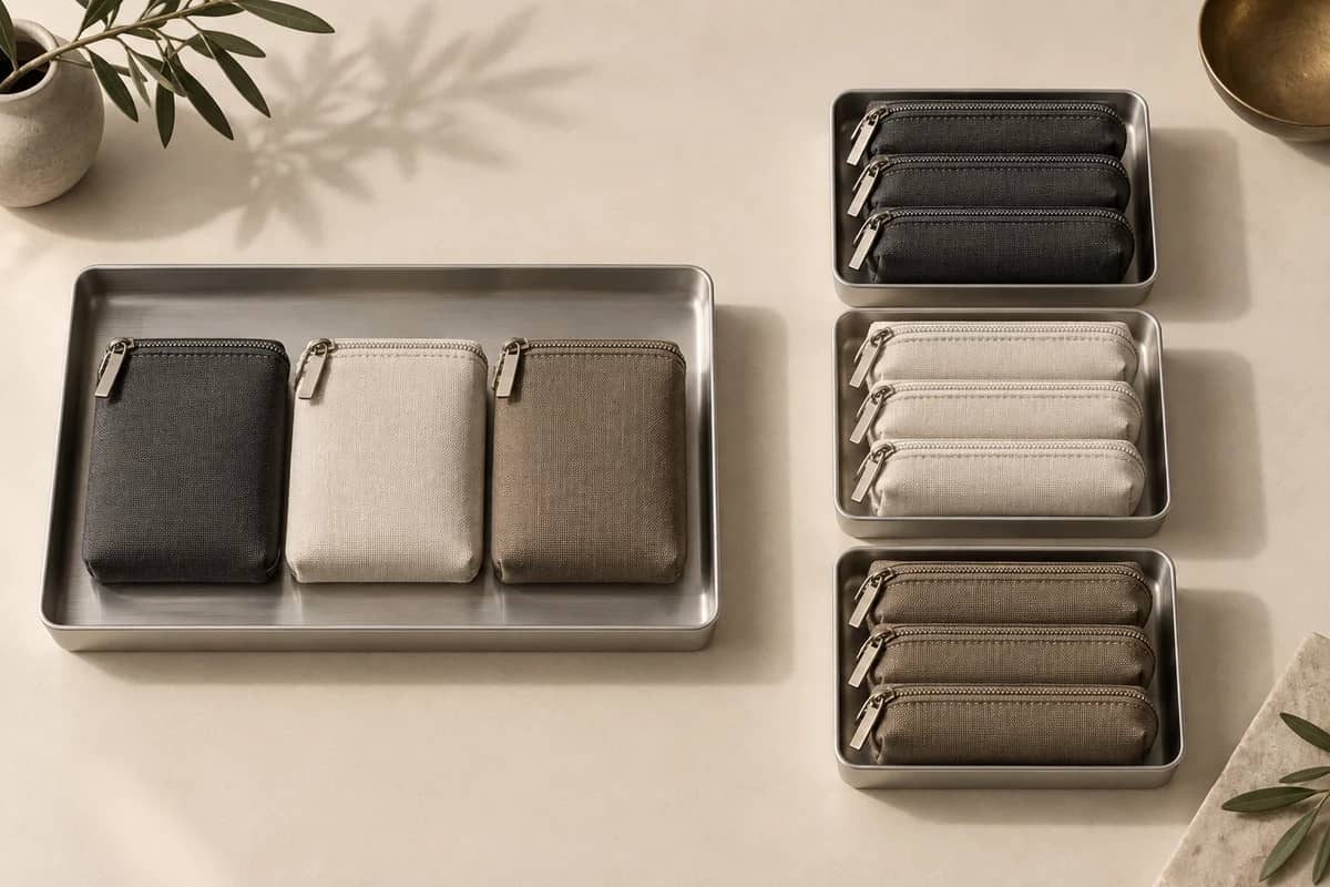 Un plateau contient des pochettes de trois couleurs. En face, trois plateaux regroupent chacun une seule couleur.