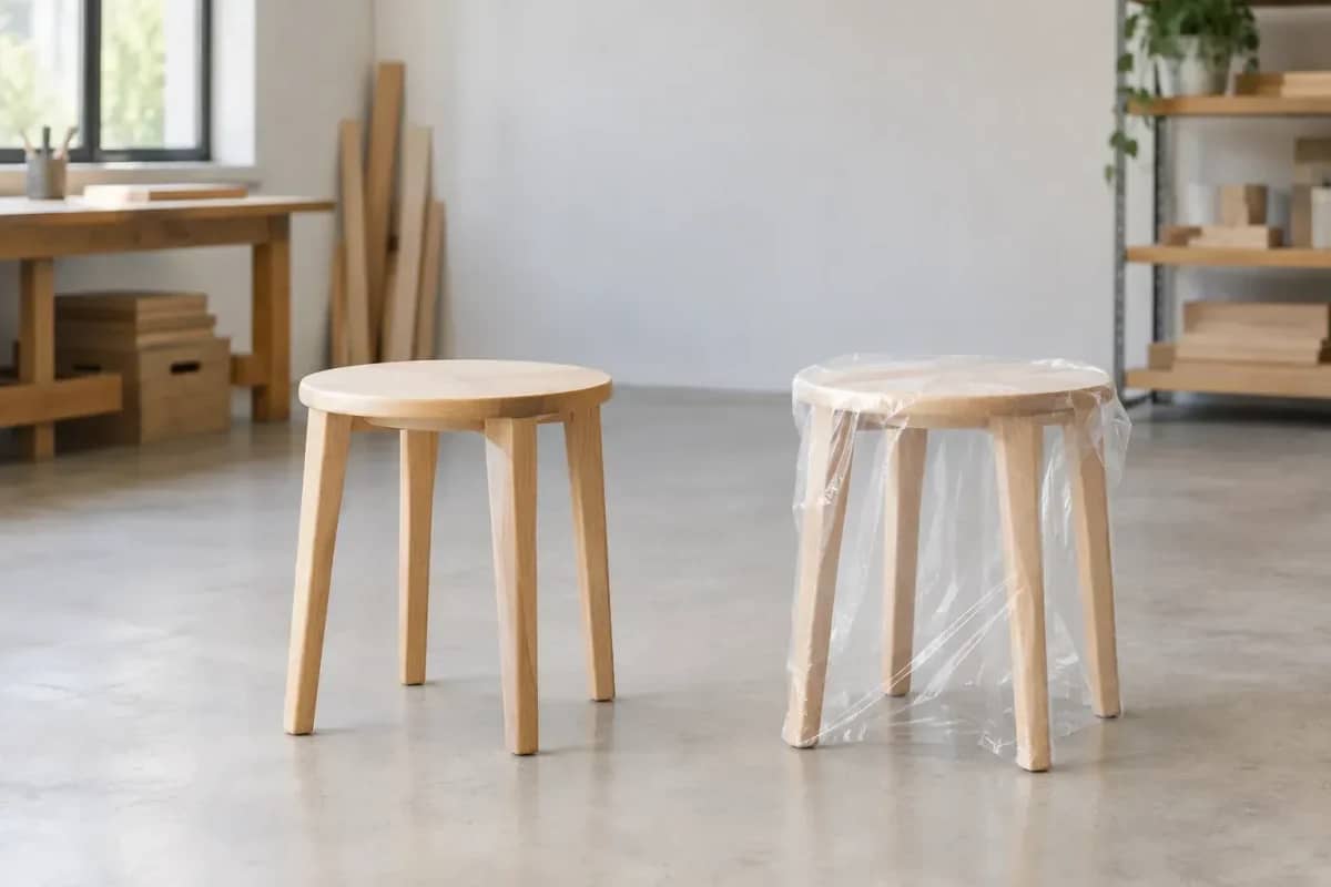 Deux tabourets en bois identiques : sans emballage à gauche, sous film transparent à droite.