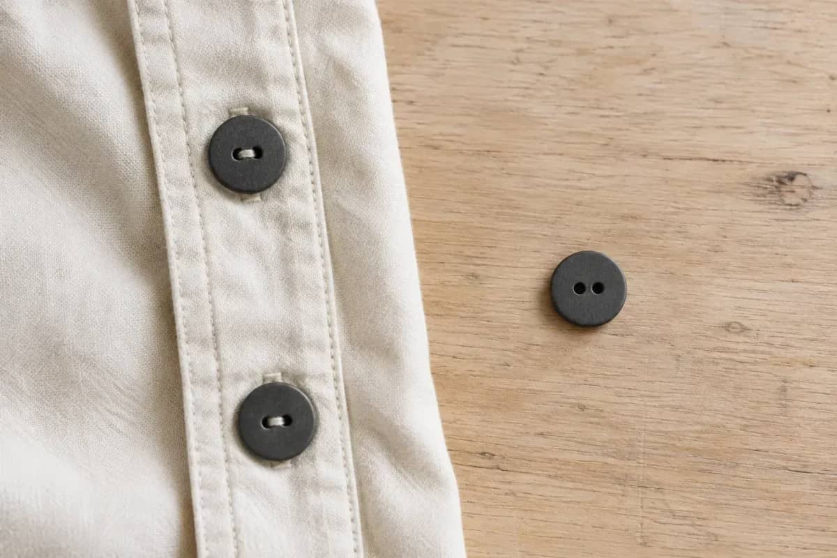 À gauche, deux boutons graphite cousus sur un vêtement en coton. À droite, un bouton identique séparé, montré à la même échelle.