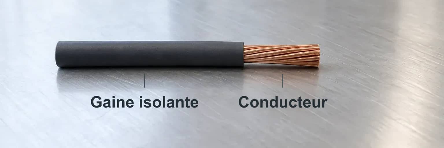 Sur un câble simple illustré, la gaine isolante graphite entoure un conducteur en cuivre nu. Les deux parties sont repérées séparément.