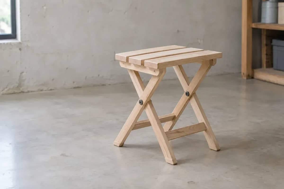 Illustration : un tabouret pliant en bois clair, ouvert, avec des pieds croisés et des pivots métalliques visibles.