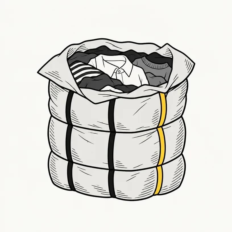 Illustration générée : une balle de vêtements dont l’emballage est ouvert sur le dessus.