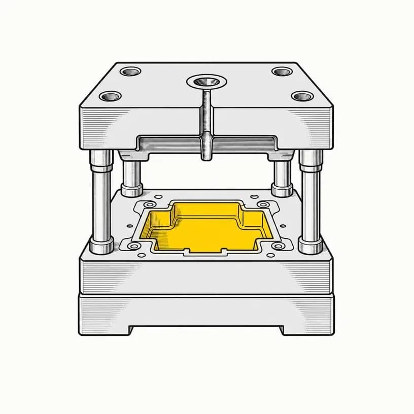 Illustration d’un moule ouvert : l’outillage sert à fabriquer les pièces, même lorsqu’il reste à l’usine.