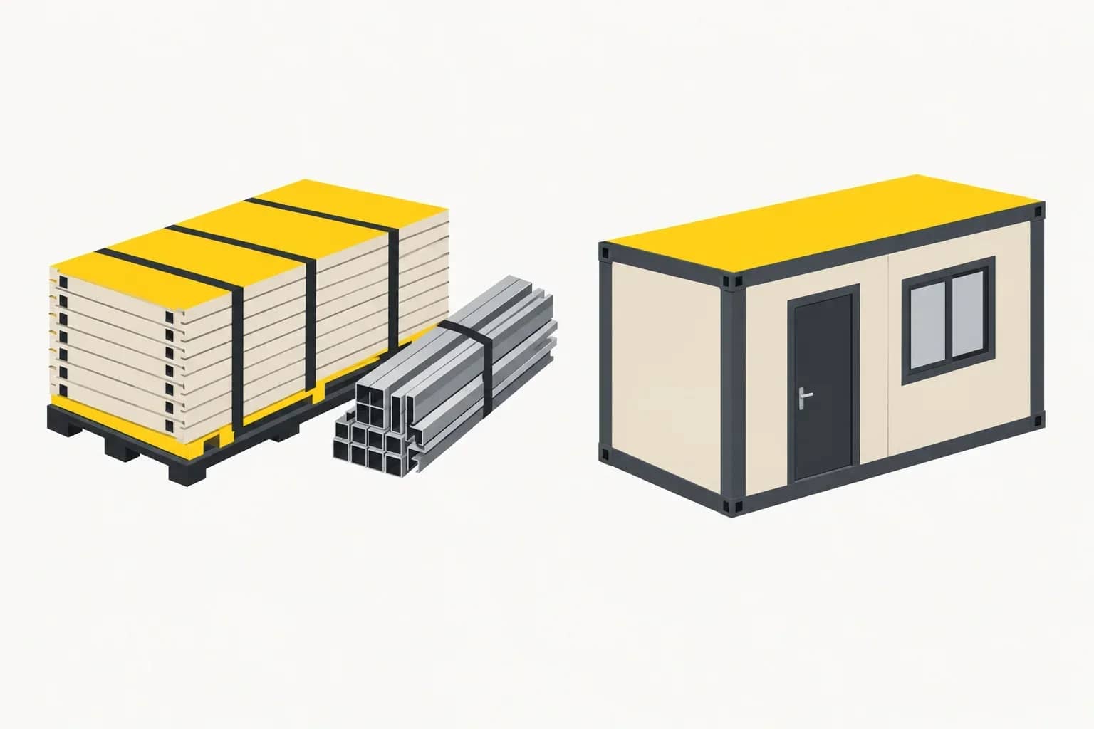 À gauche, des panneaux et profilés emballés ; à droite, un petit module de maison déjà assemblé.
