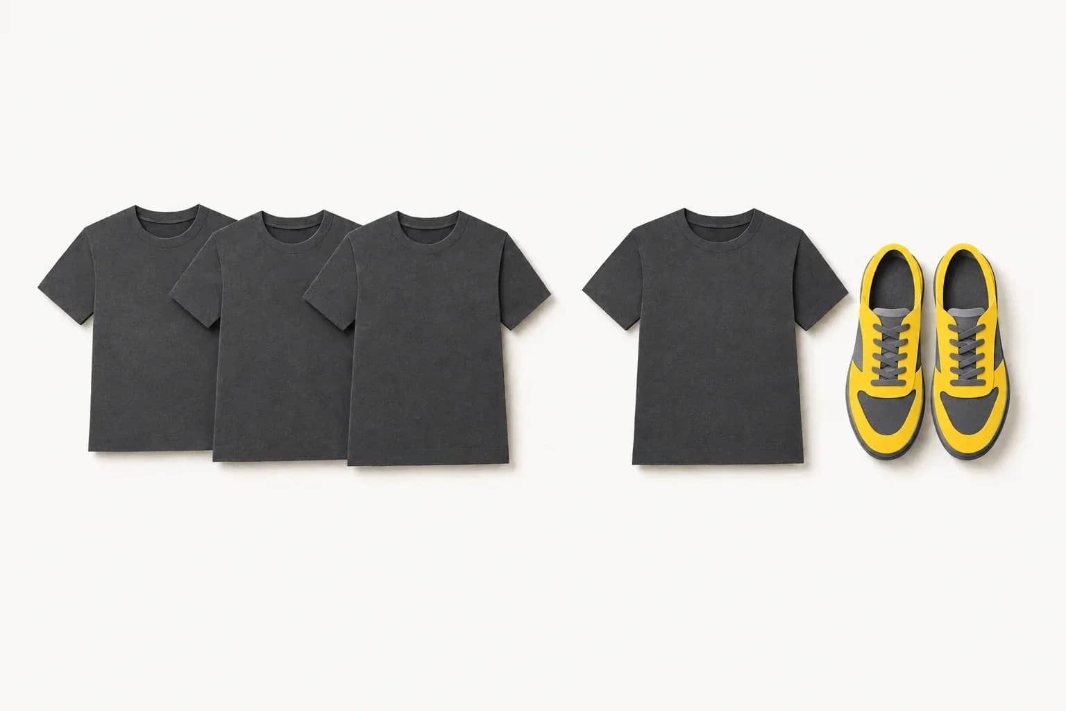 À gauche trois tee-shirts identiques. À droite un tee-shirt et une paire de chaussures.