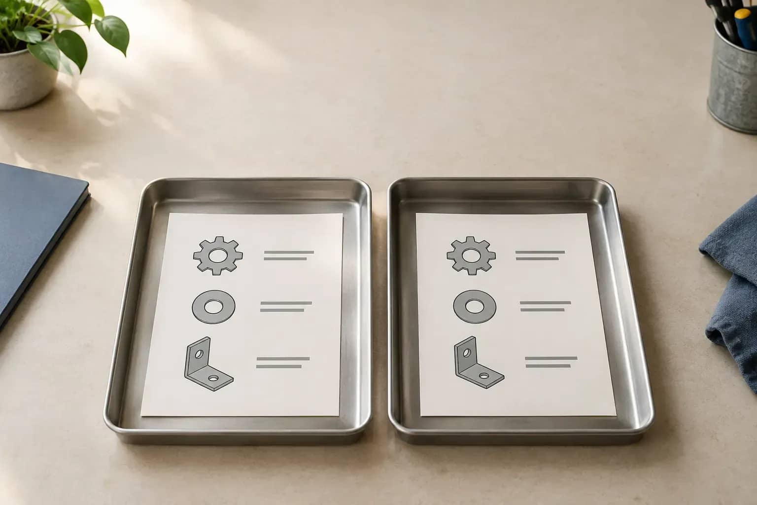 Deux fiches fictives côte à côte, portant les mêmes silhouettes de pièces mécaniques.