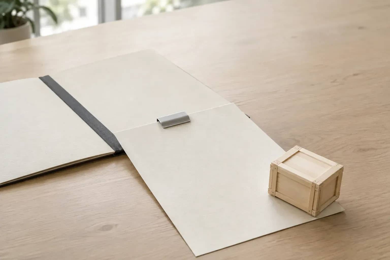 Un dossier ouvert à reliure graphite, une feuille indépendante retenue par un clip argenté et une petite caisse en bois posée sur cette feuille.