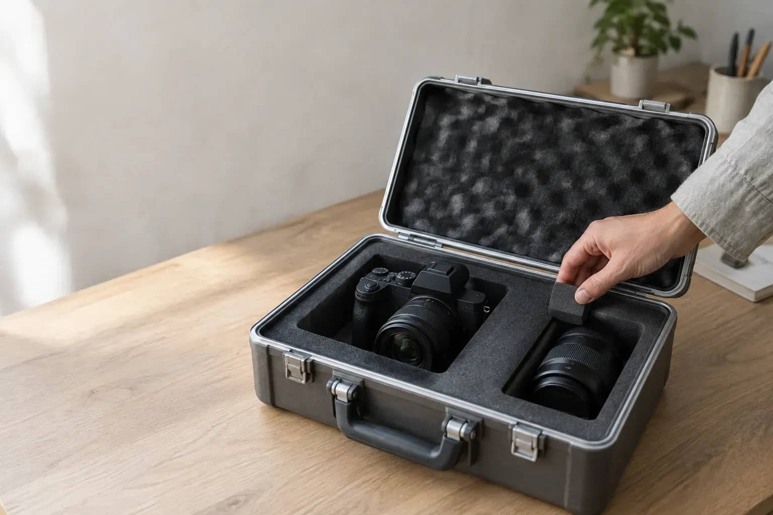 Un appareil photo et un objectif dans la mousse d'une caisse graphite ; une main ajuste la protection.