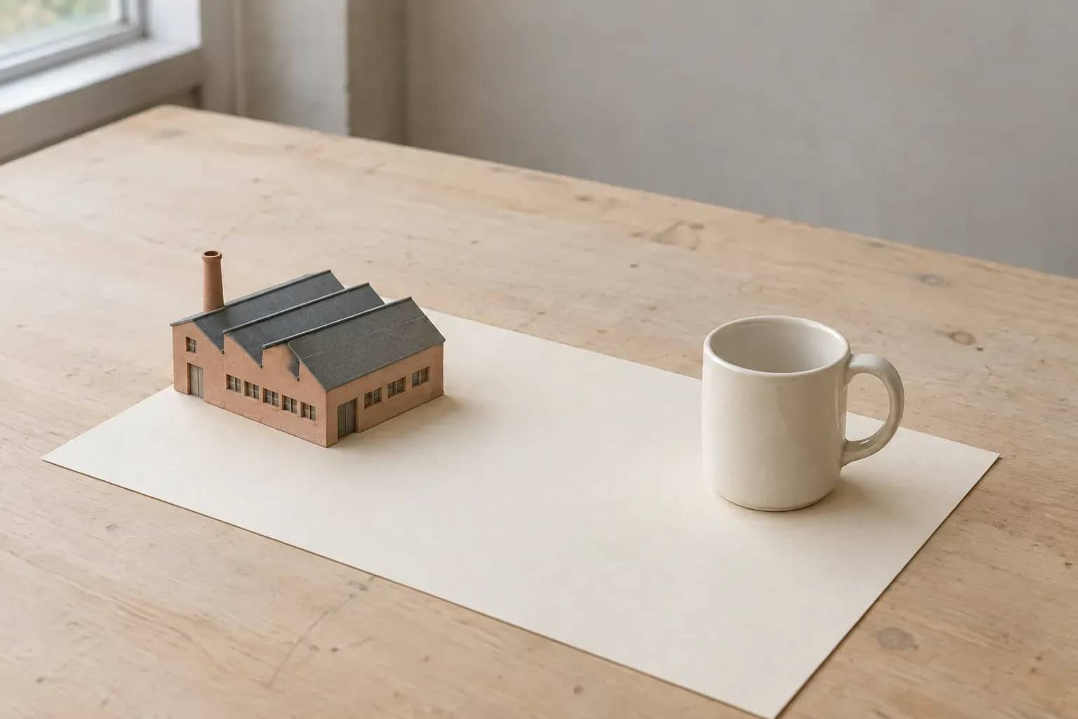 Une manufacture miniature et une tasse en céramique sont posées sur une même feuille de papier vierge.