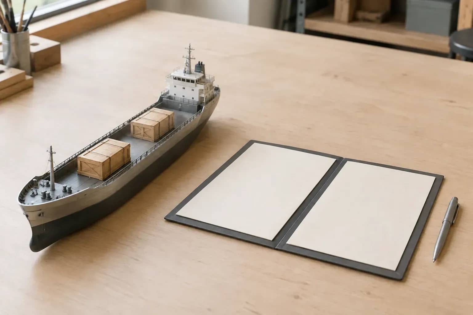 Cargo miniature chargé à gauche, dossier vierge séparé à droite : illustration du fret et de la question d'assurance.