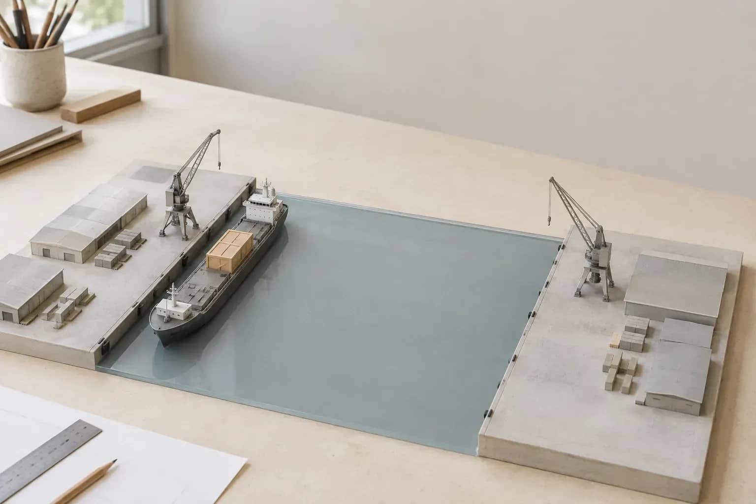 Maquette illustrative : navire chargé au quai de départ à gauche, quai de destination à droite.
