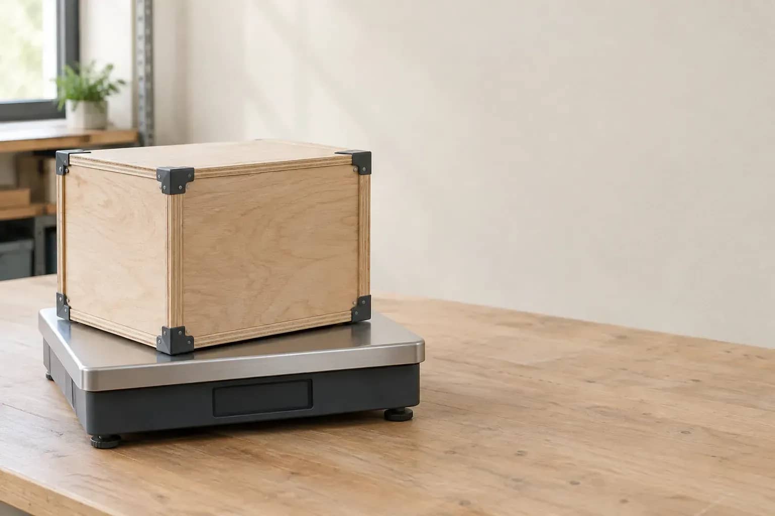 Une caisse en contreplaqué repose sur une balance au plateau d'aluminium. L'afficheur est éteint et ne présente aucun poids.